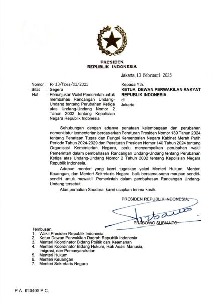 Surat Presiden RI Perihal Penunjukan Wakil Pemerintah untuk membahas RUU tentang Perubahan ketiga atas UU No. 2 Tahun 2002 tentang Polri (Sumber foto: hadi)